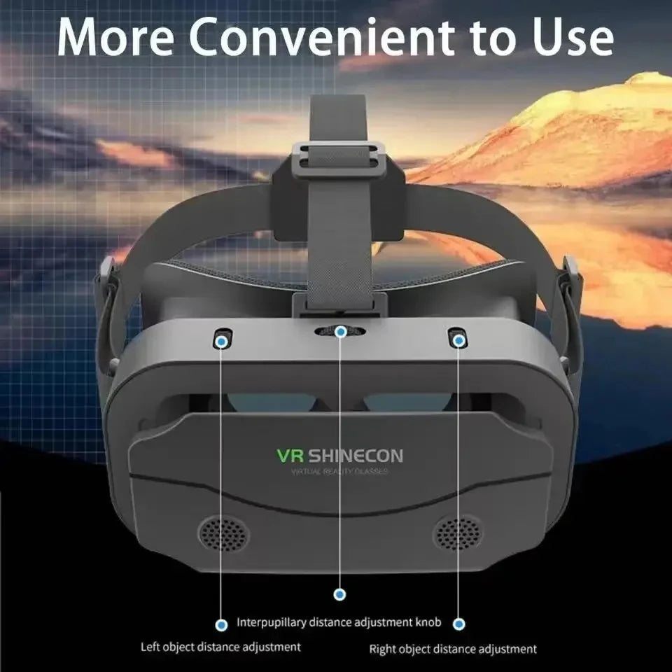 Gray VR Shinecon 3D virtual reality headset with adjustable straps, lens controls, and front branding.