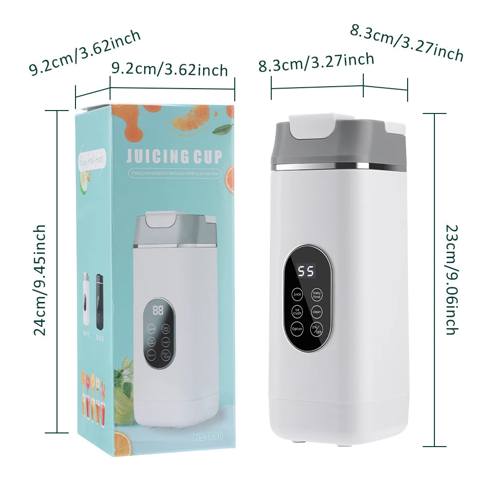 A portable white juicing cup with a grey top, digital display, control buttons, and dimensions labeled on packaging.