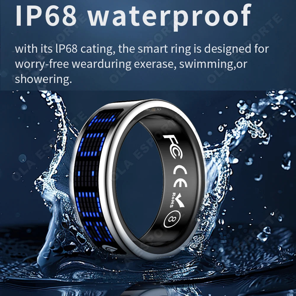 Sleek black and silver waterproof smart fitness ring with a blue digital display, shown splashing in water.