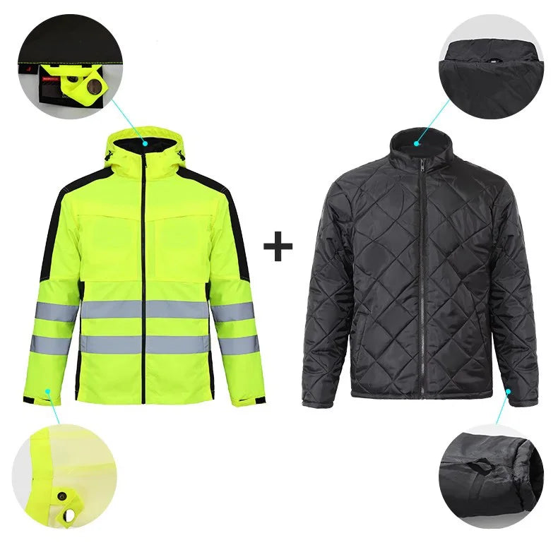 3-in-1 hi-vis yellow and black waterproof jacket with removable quilted black inner lining and adjustable features.