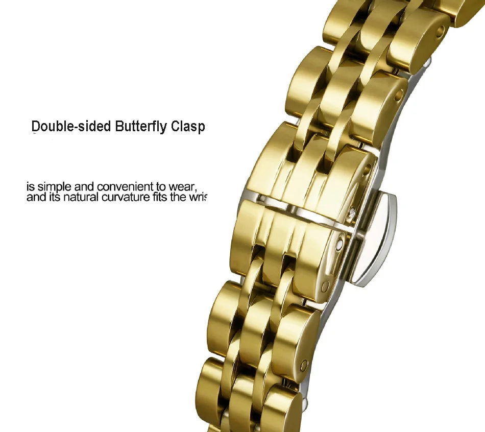 Gold-tone stainless steel watch bracelet featuring a secure double-sided butterfly clasp.