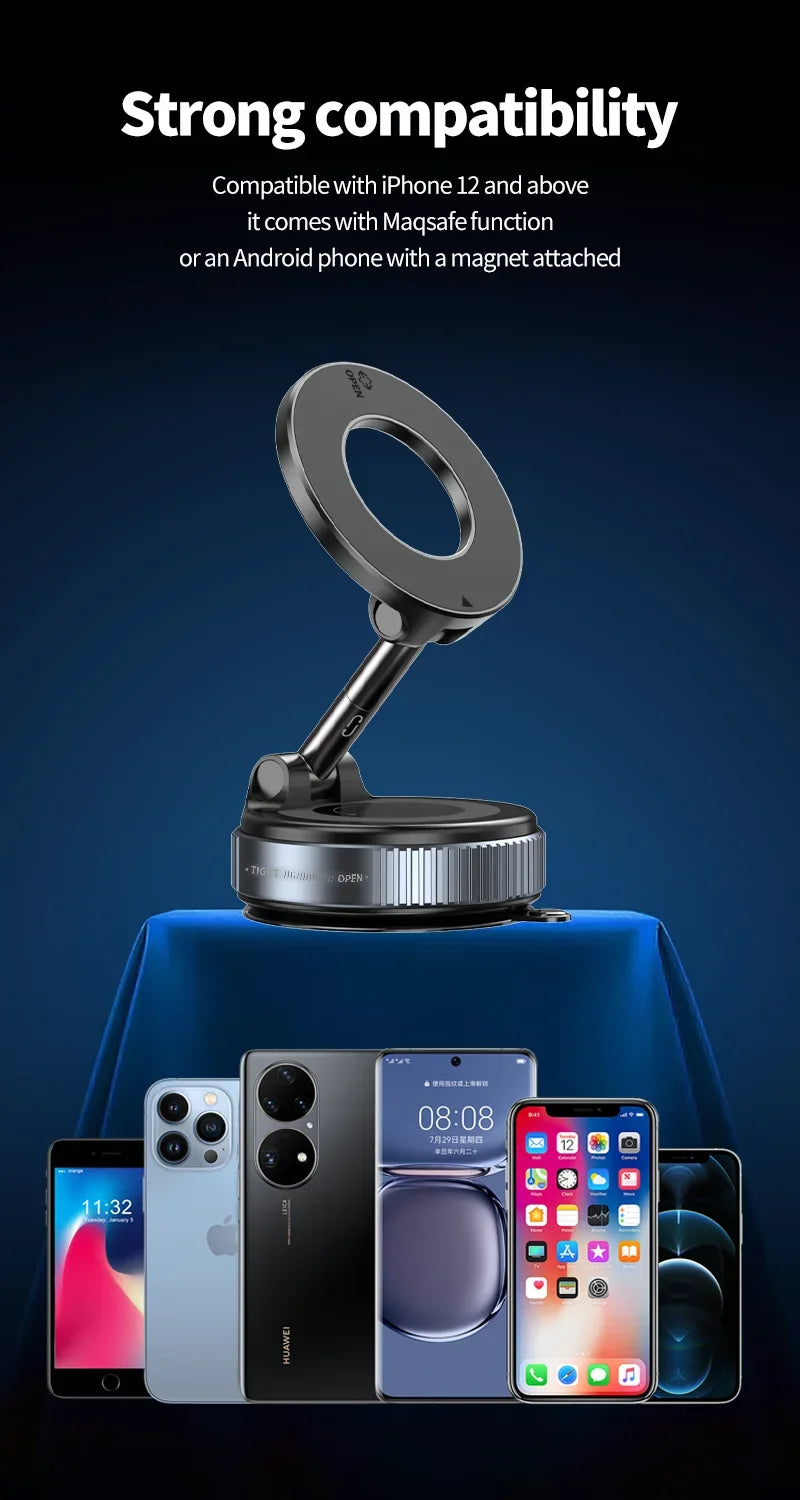 A black, adjustable magnetic phone stand for various smartphones shown against a dark blue background.