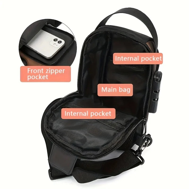 Black anti-theft sling bag with main compartment, internal pockets, and a front zip pocket for a phone.