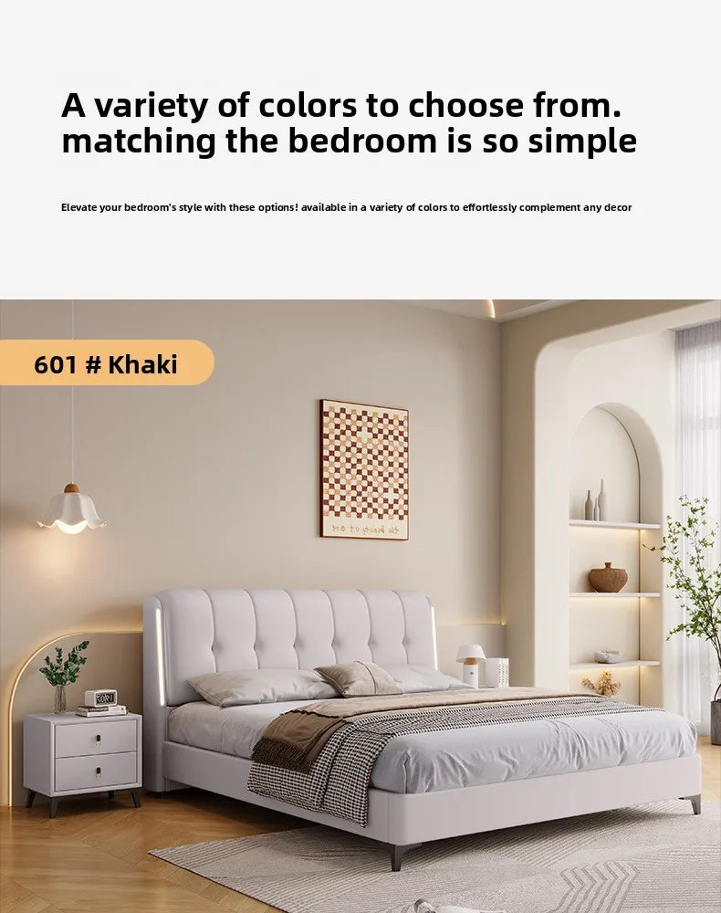 Modern, cream white minimalist bed frame featuring a tufted upholstered headboard with integrated side lighting.