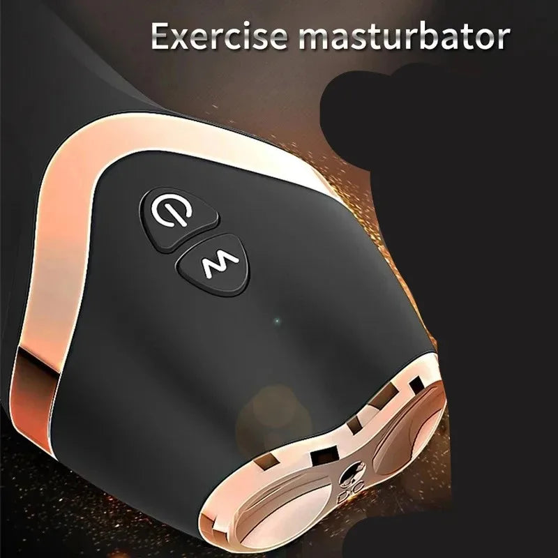 Matte black automatic masturbation cup with rose gold trim and two control buttons for vibration modes.