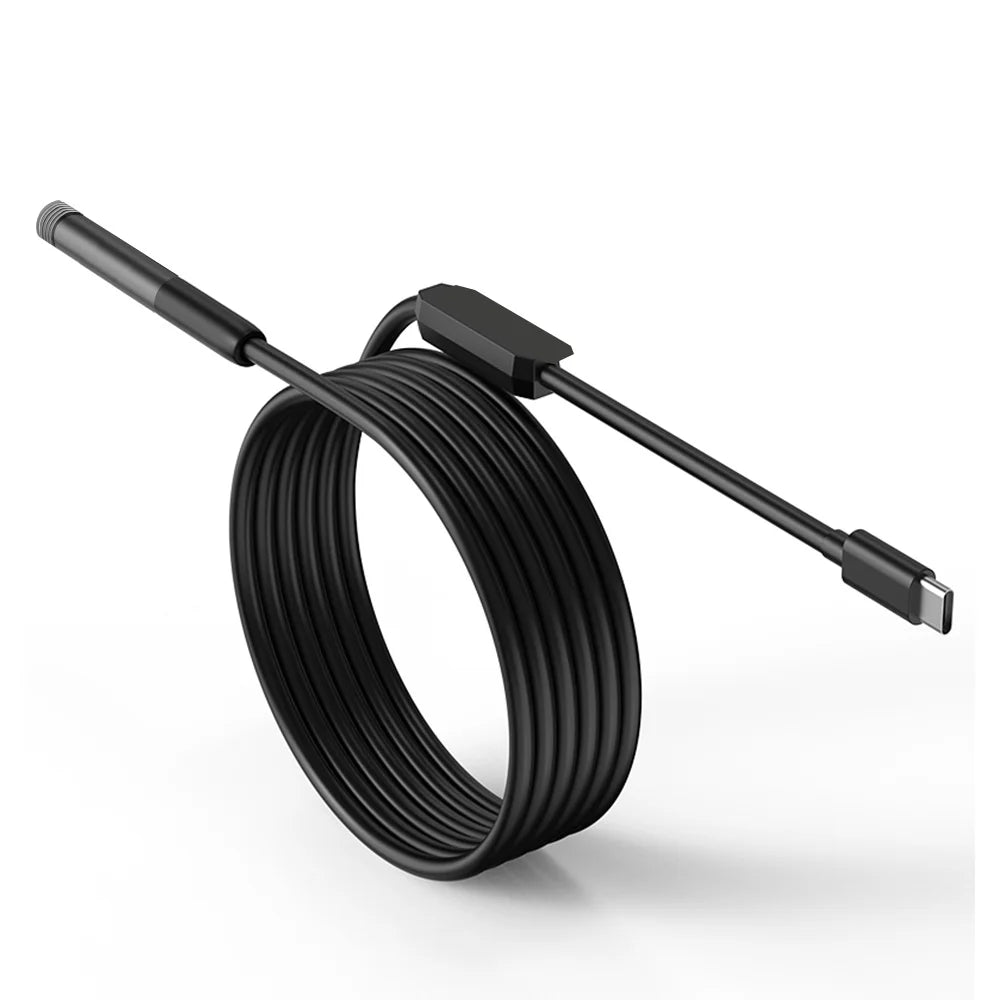 Black inspection camera probe coiled with a USB-C connector for mobile device connection.