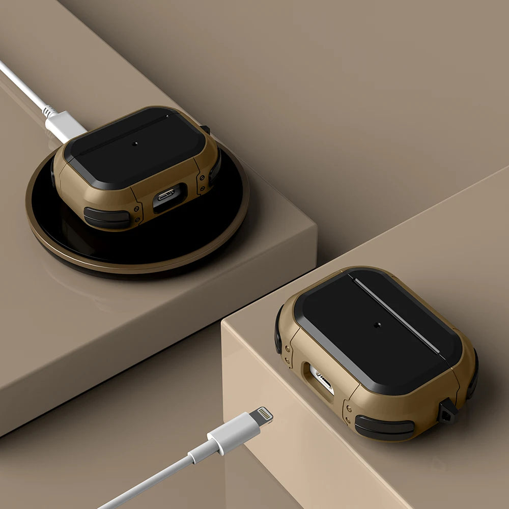 Rugged khaki and black protective case for AirPods Pro, shown wireless and cable charging.