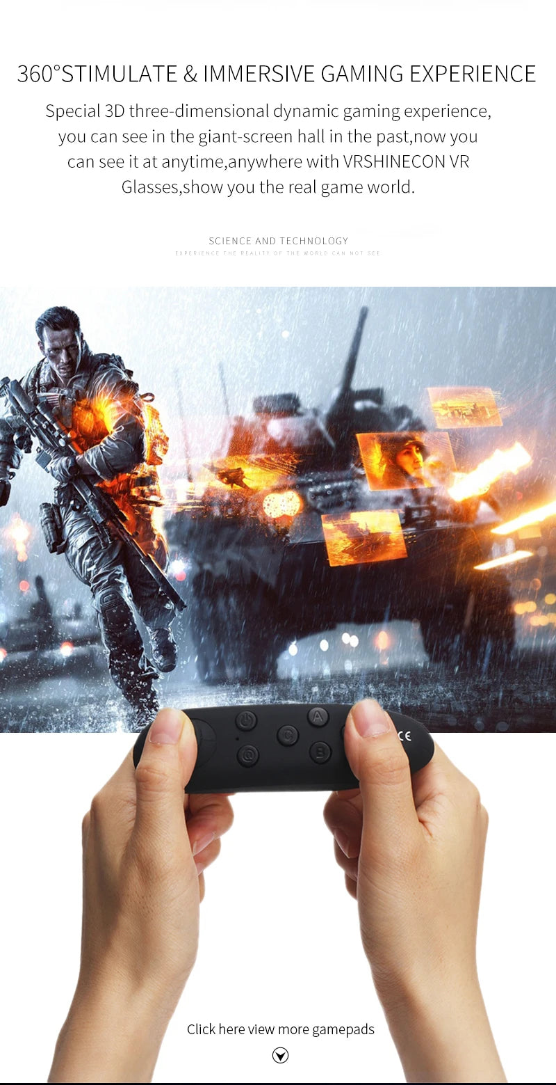 Hands holding a black wireless remote control for a 3D VR headset, with an immersive action game scene in the background.