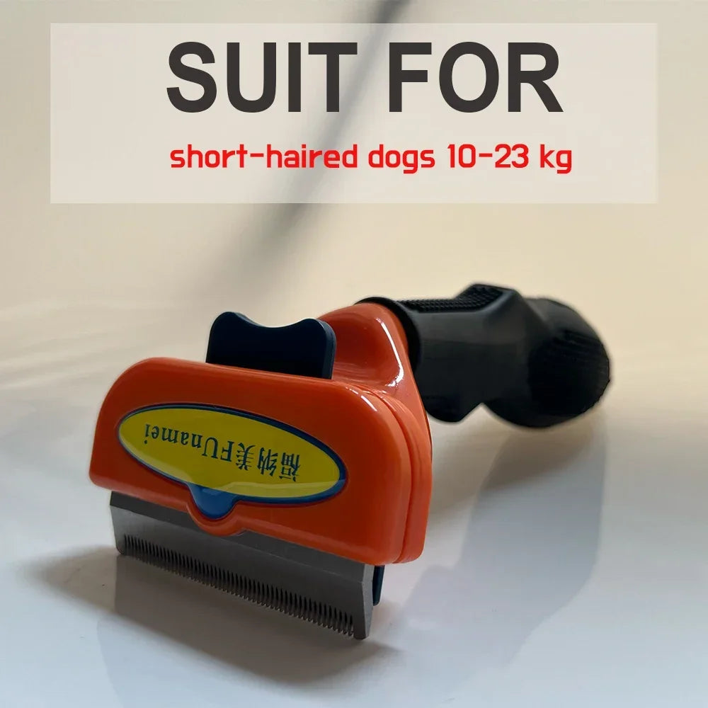 Orange and black pet de-shedding tool with a metal comb blade for short-haired dogs, set against a plain background.