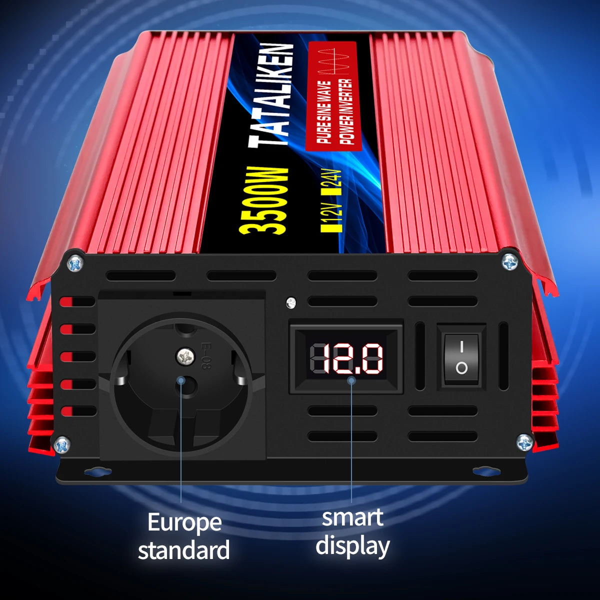 Red 3500W pure sine wave power inverter with a European socket, digital display, and power switch.