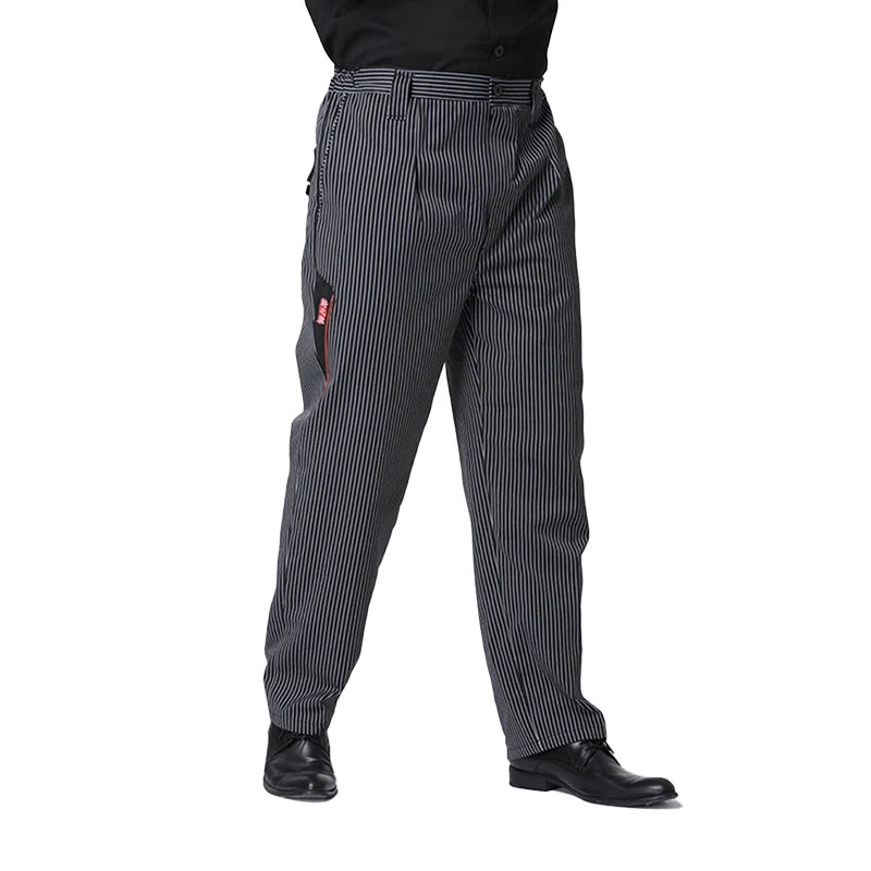 Black and grey pinstriped chef cargo trousers with a side pocket, elasticated waist, and a relaxed, professional fit.