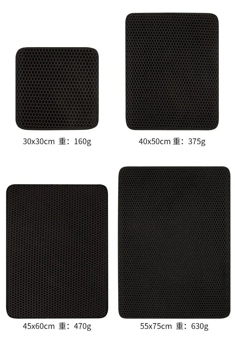 Four black double-layer, non-slip, waterproof cat litter mats shown in various sizes.