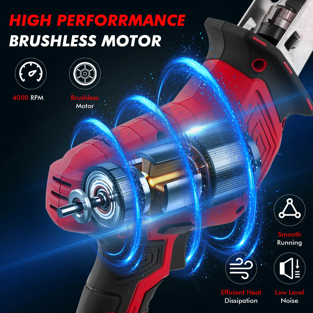 Red electric reciprocating saw showing internal brushless motor with glowing blue energy rings.