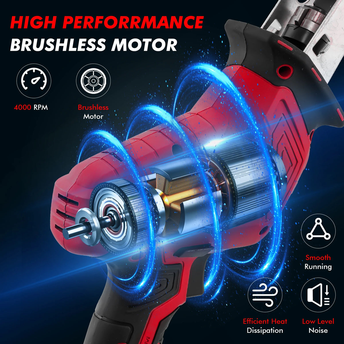 Red electric reciprocating saw showing internal brushless motor with glowing blue energy rings.