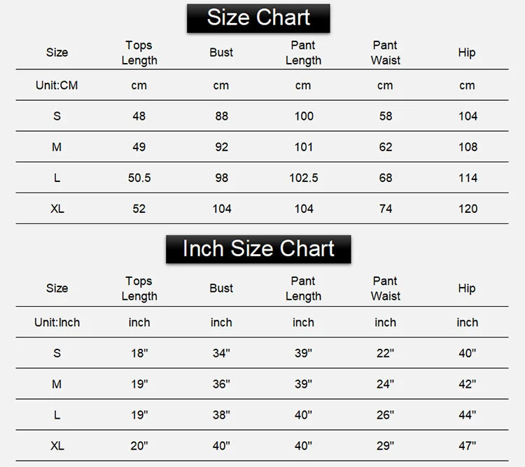 Size chart for clothing, displaying measurements for tops and pants in both centimeters and inches for sizes S to XL.