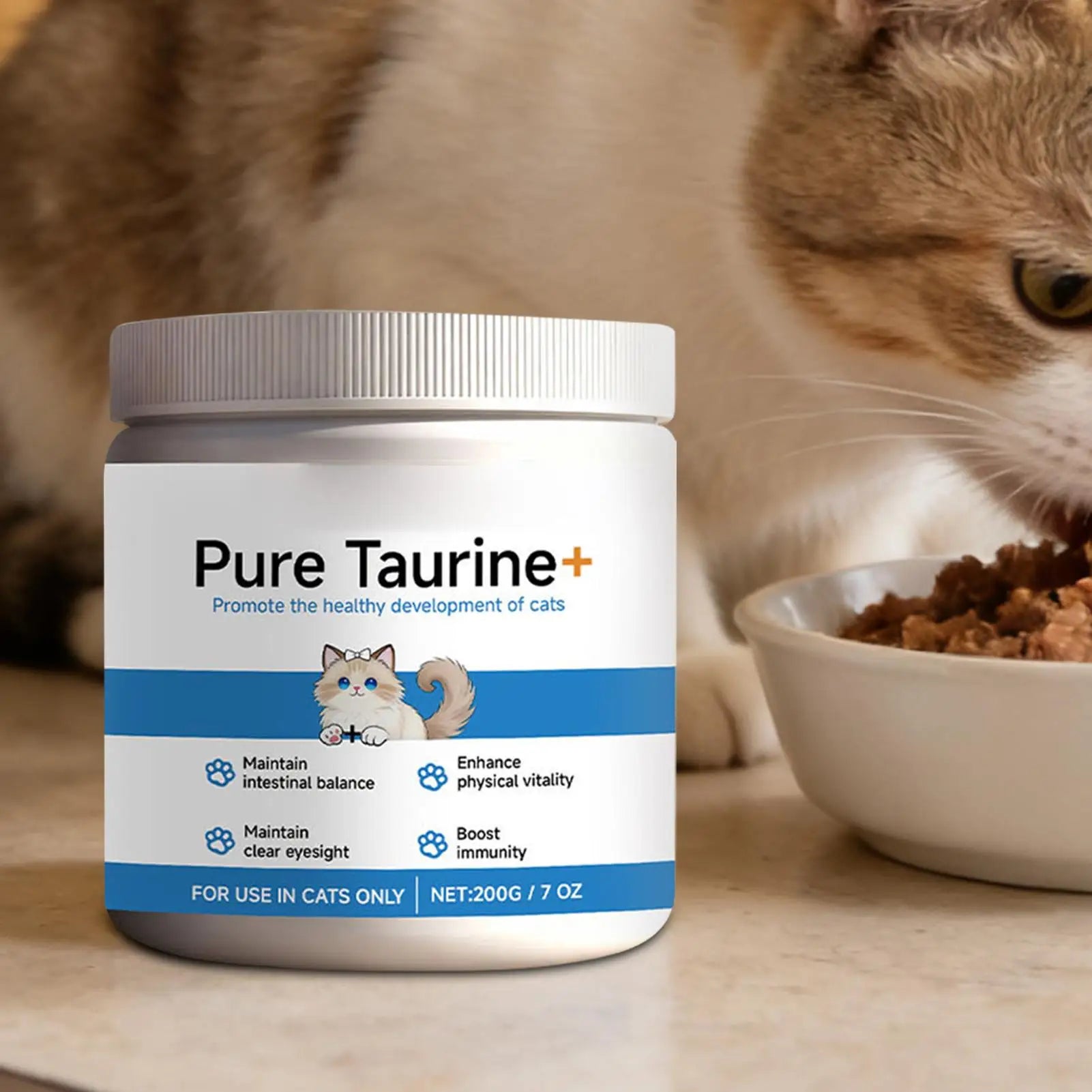 White 200g jar of cat taurine supplement for healthy vision, immunity, and vitality, featuring a cat illustration.