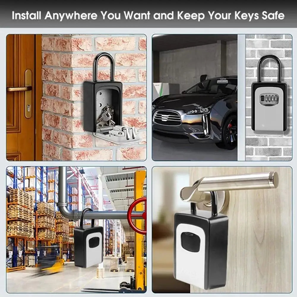 Black and silver metal key lock box with a shackle, featuring a combination dial and protective cover.
