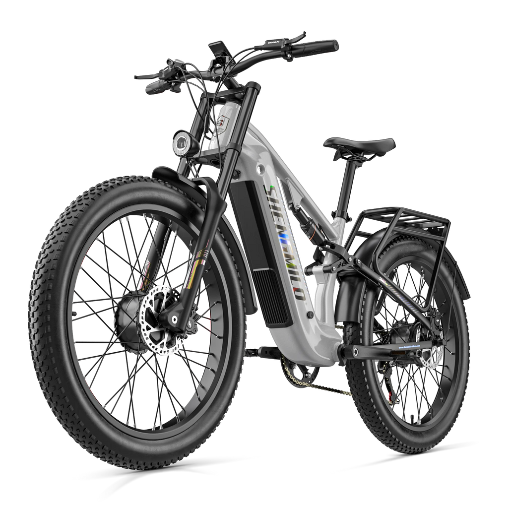 Light grey Shengmilo S600 Pro adult mountain electric bike with dual suspension, fat tires, and a rear rack.