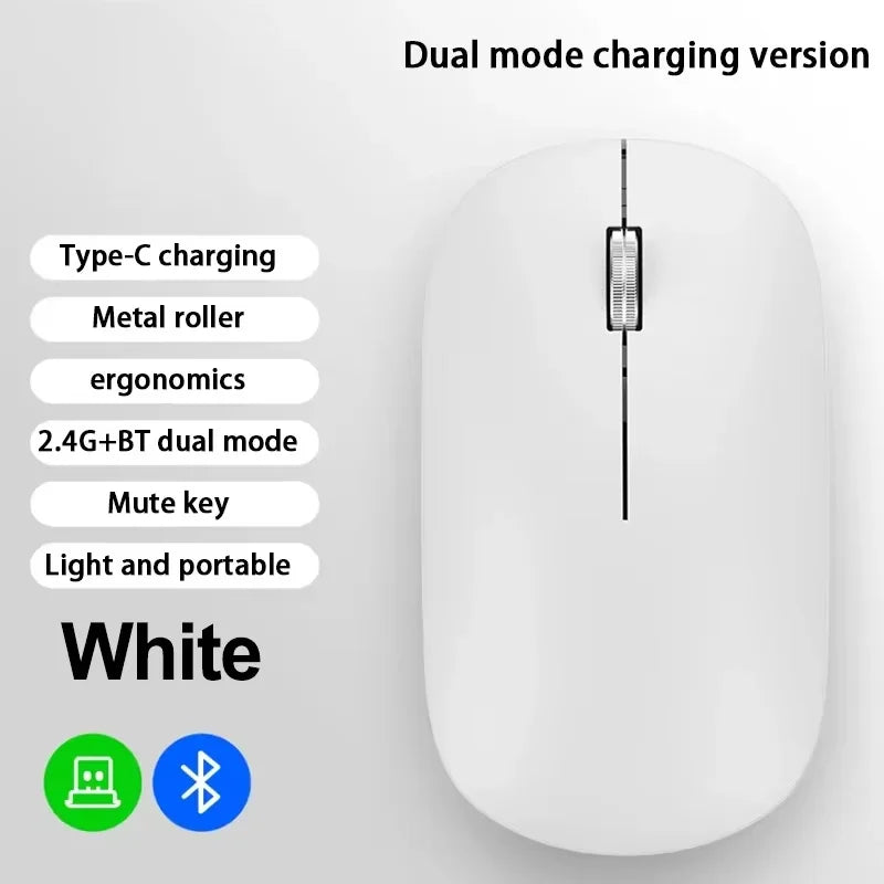 Sleek, white, ergonomic wireless mouse with silent buttons, metal scroll wheel, and dual Bluetooth/USB connectivity.