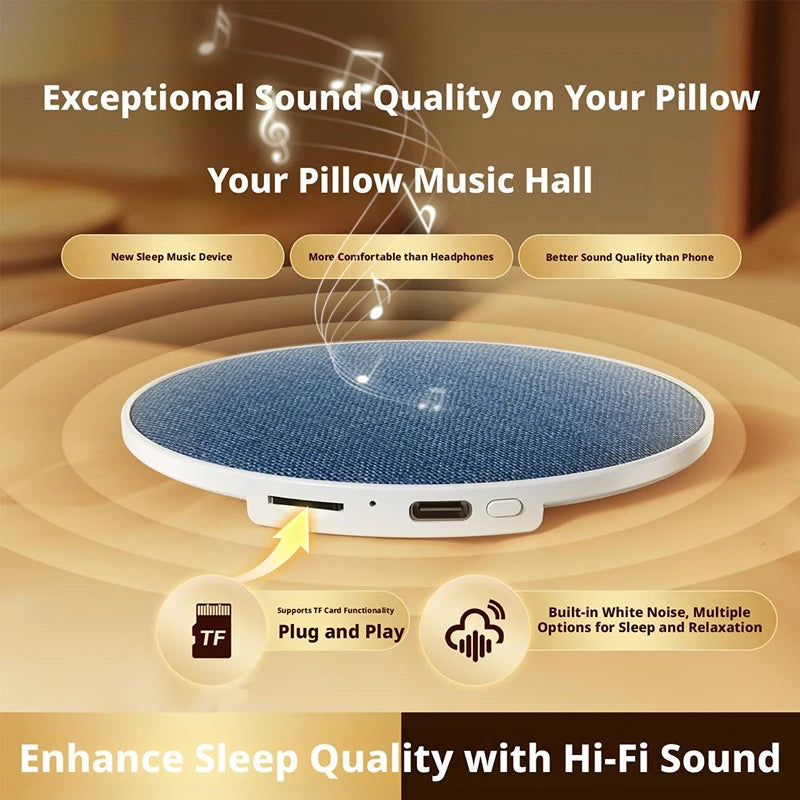 A round, blue fabric-covered wireless under-pillow speaker with a white base, TF card slot, and charging port.