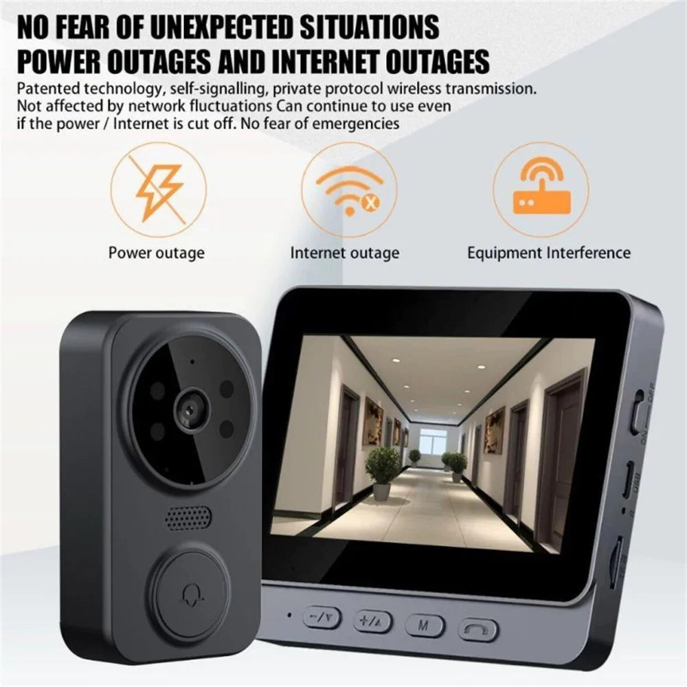 Black wireless video doorbell with a separate monitor screen showing a clear corridor view, ideal for home security.