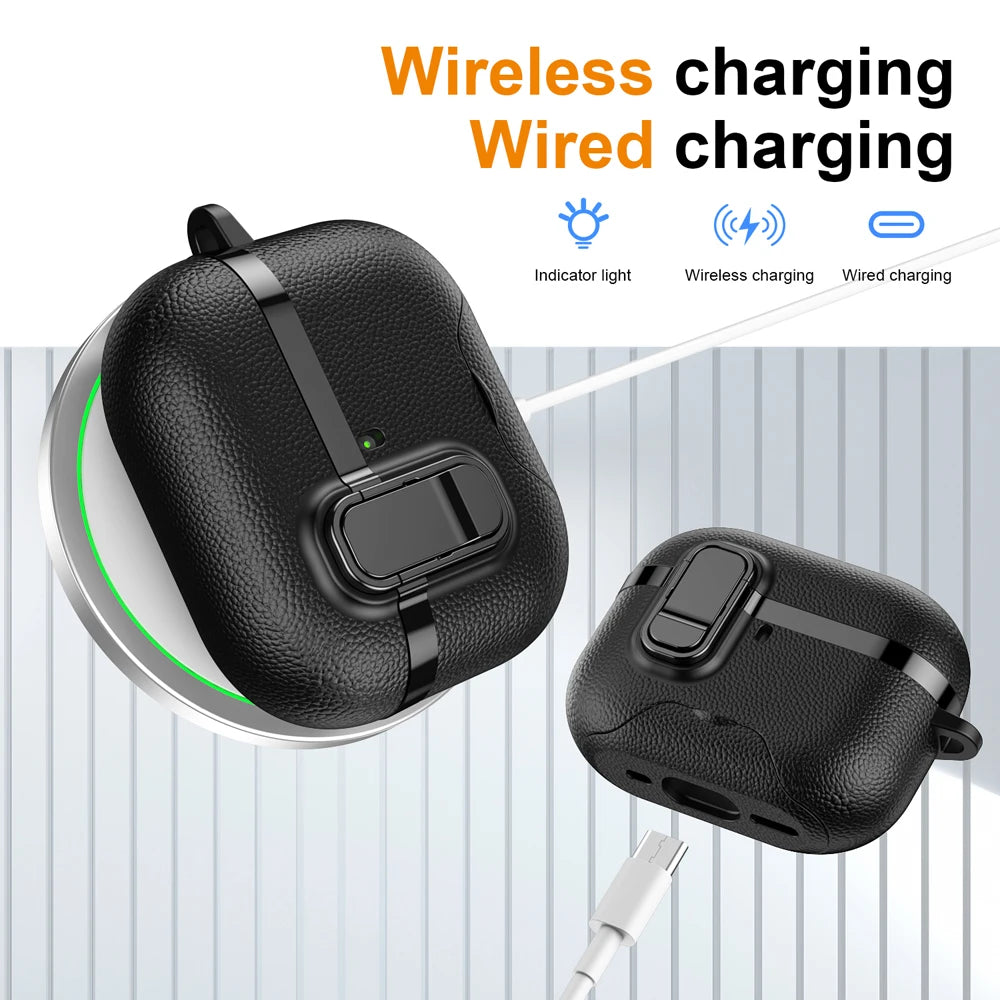 Black textured leather-look protective case for AirPods Pro, supporting both wireless and wired charging.