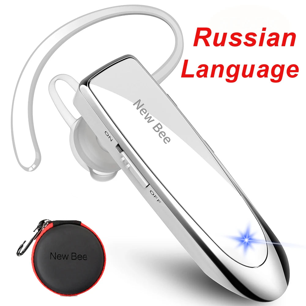 Sleek silver wireless Bluetooth business headset with ear hook and protective carry case.