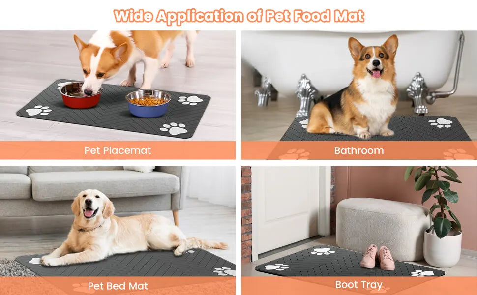 Grey rectangular mat with a herringbone pattern and white paw prints, shown in four different home use scenarios.