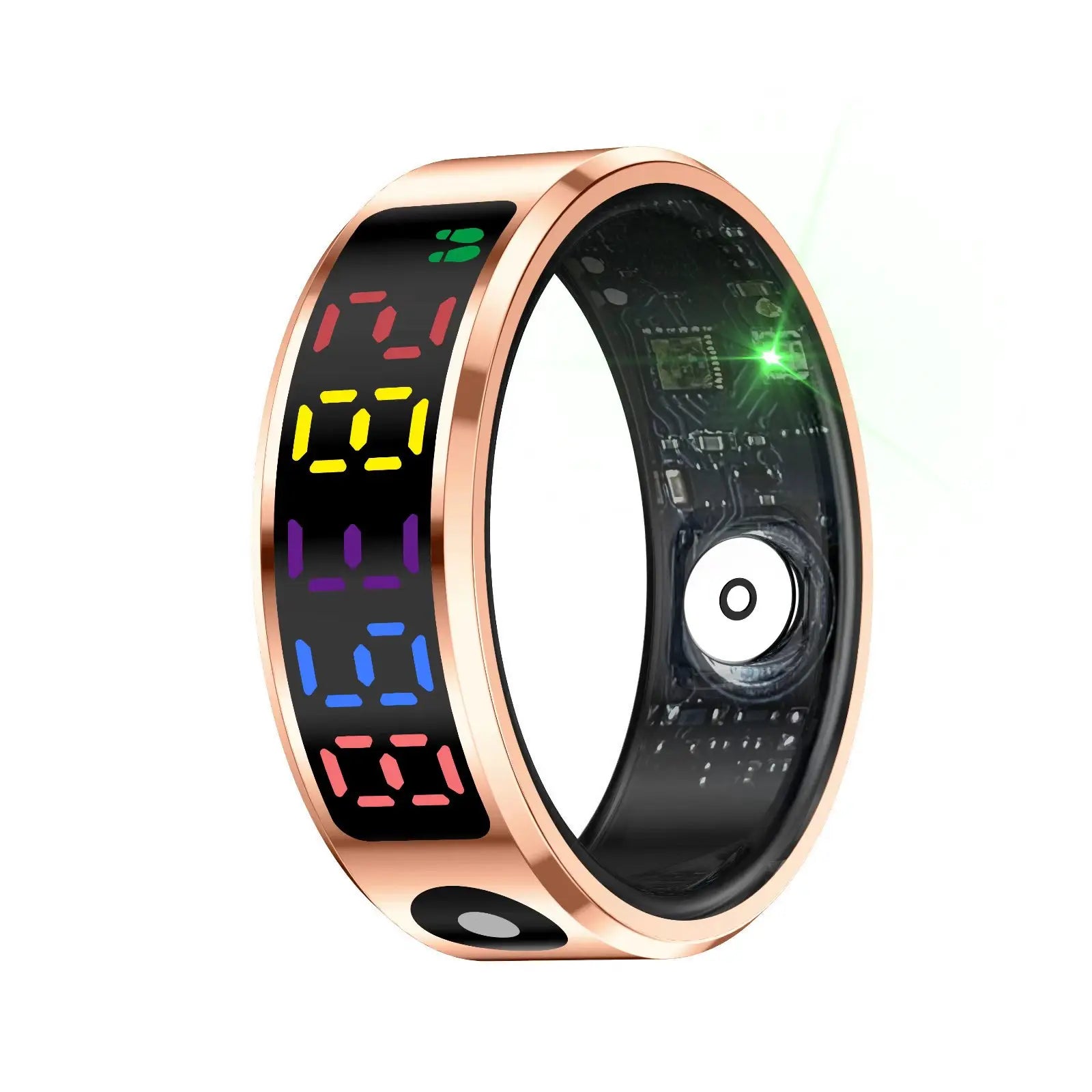 Rose gold smart ring with a digital colour display showing steps and a visible sensor on the inner band.