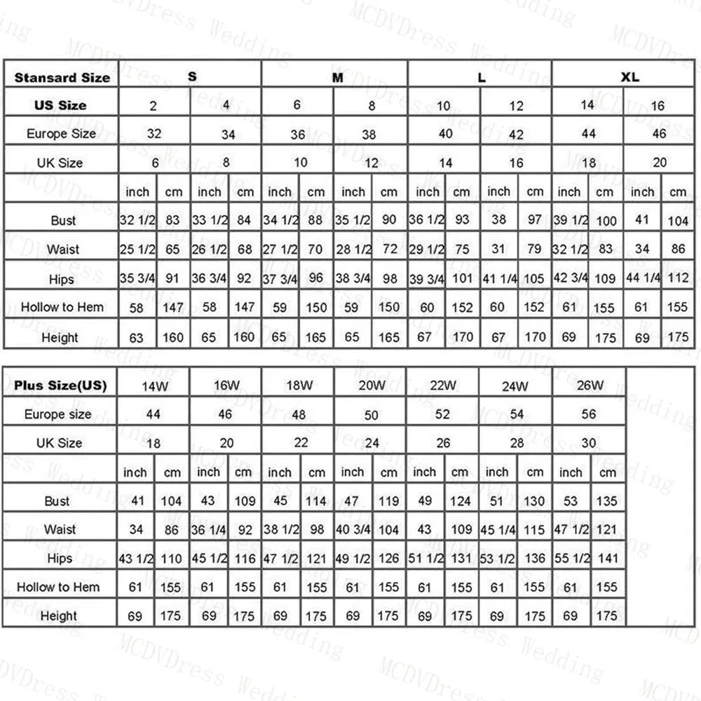 Black and white wedding dress size chart displaying standard and plus sizes in inches and centimeters.