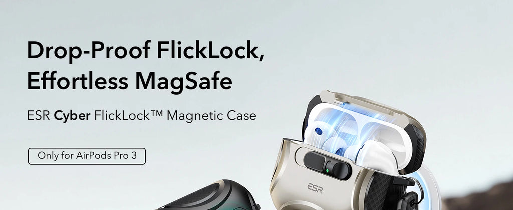 ESR Cyber FlickLock magnetic case for AirPods Pro 3 in a durable, metallic-style design.