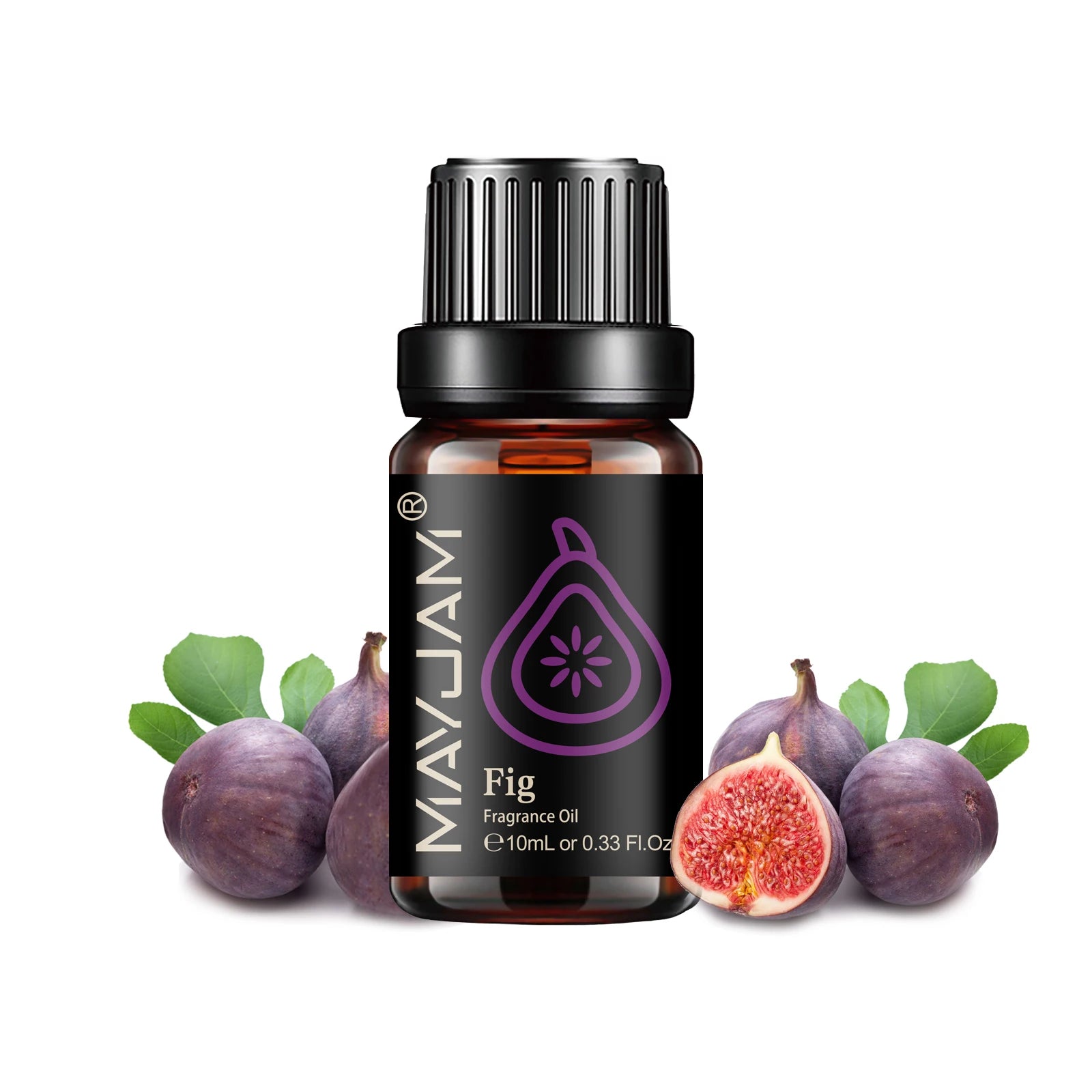 10ml amber glass bottle of Fig fragrance oil with a black dropper cap, surrounded by fresh purple figs and green leaves.