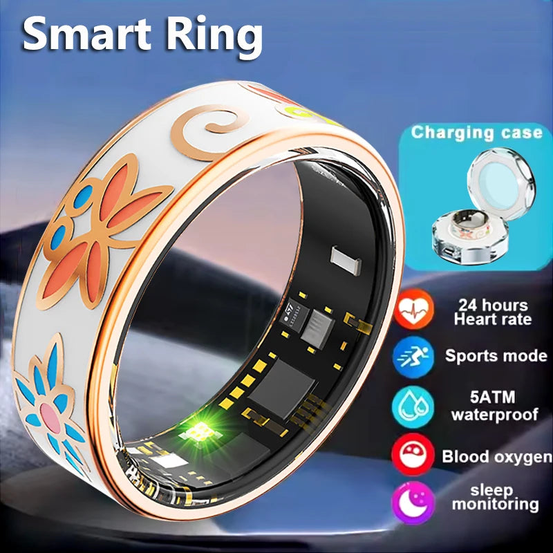 White smart fitness ring with colourful floral patterns, rose gold trim, charging case, and health-tracking sensors.