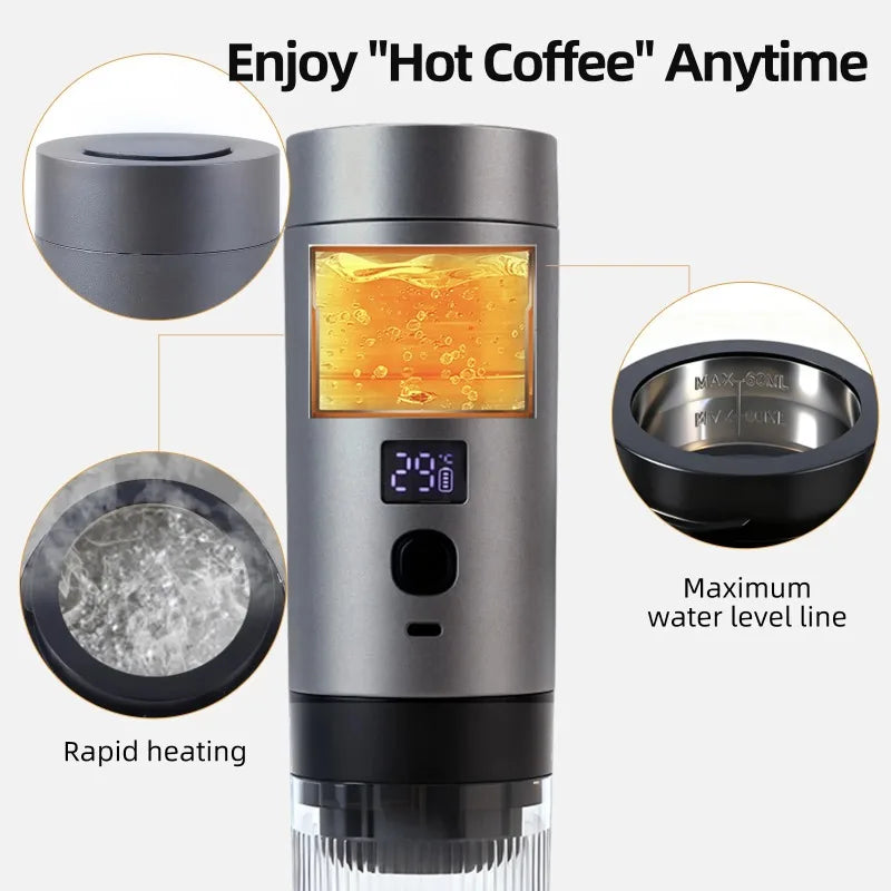 Portable grey electric coffee maker with LED temperature display, inset views of boiling water and liquid coffee.