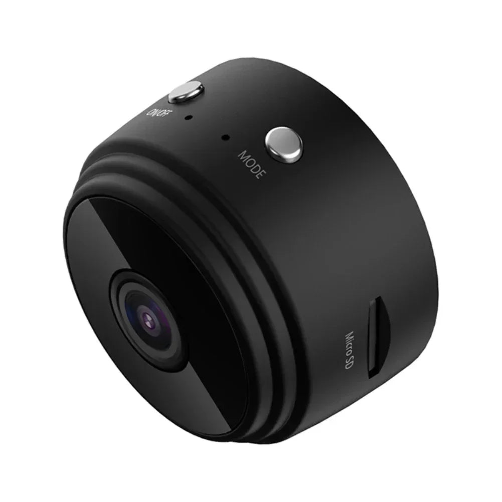 Small matte black plastic security camera with a lens, micro SD slot, and two silver control buttons on top.