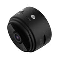 Small matte black plastic security camera with a lens, micro SD slot, and two silver control buttons on top.