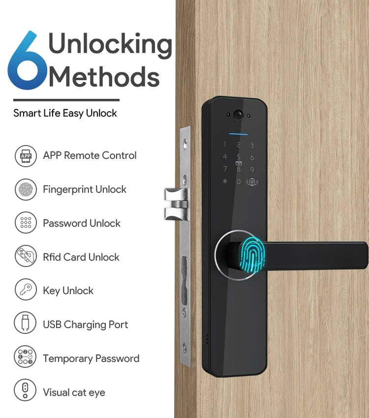 Sleek black smart door lock with integrated camera, touch keypad, and multiple unlocking methods on a wooden door.