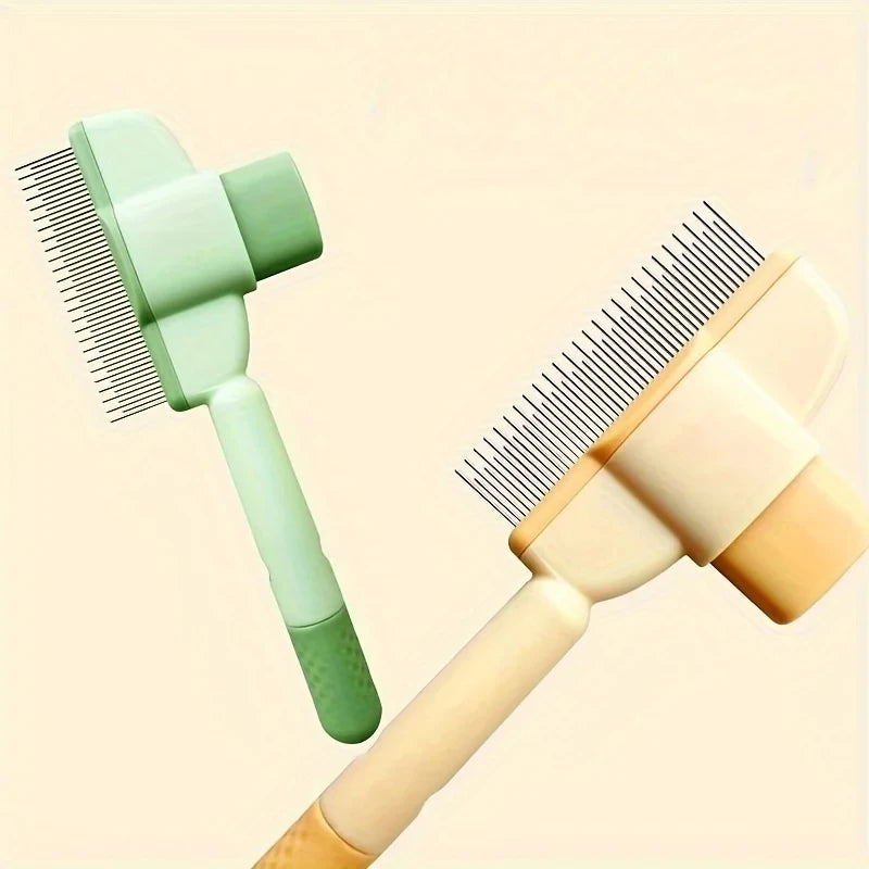Two pet grooming brushes with metal teeth, one in mint green and one in cream, against a light background.