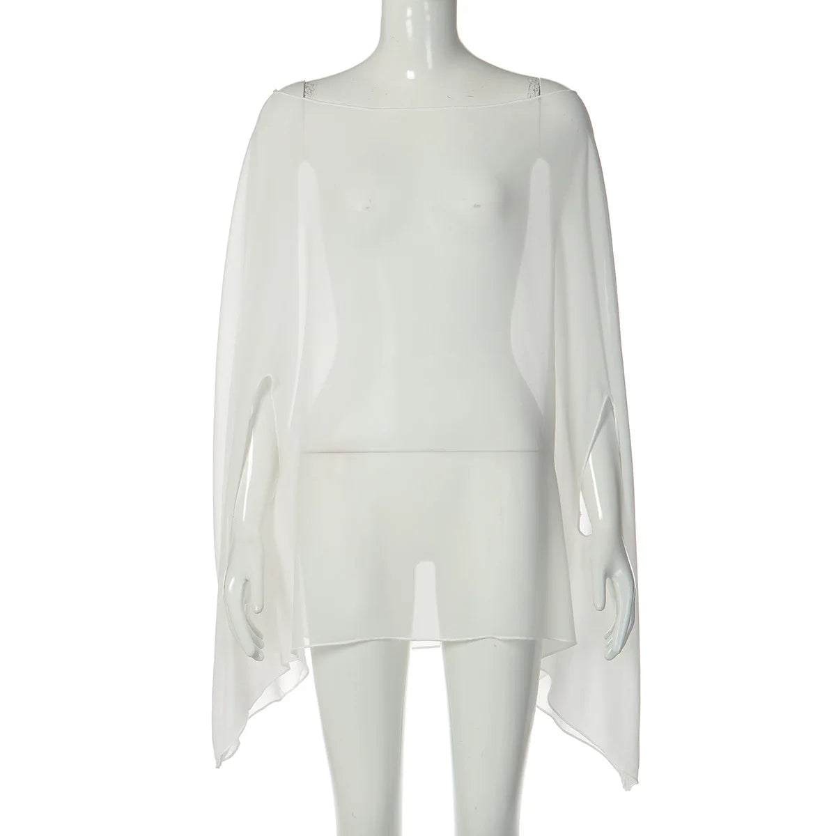 Sheer white chiffon cape-style cover-up with an elegant boat neckline and loose, flowing fit.