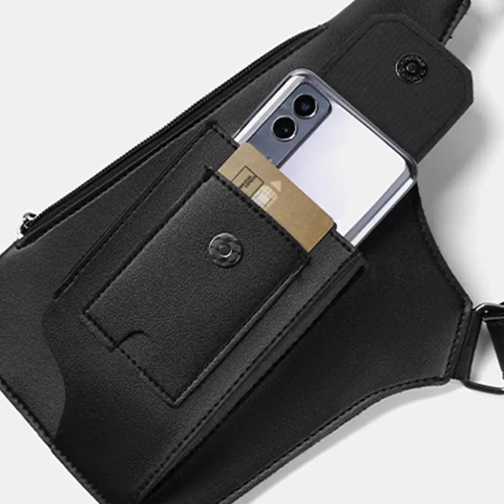 Black tactical crossbody bag with a slim, retro design featuring an external slip pocket for a phone and bank card.