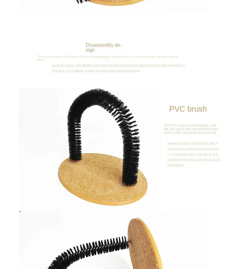 Cat self-grooming arch featuring a black PVC bristle brush set on a tan oval carpet scratching base.