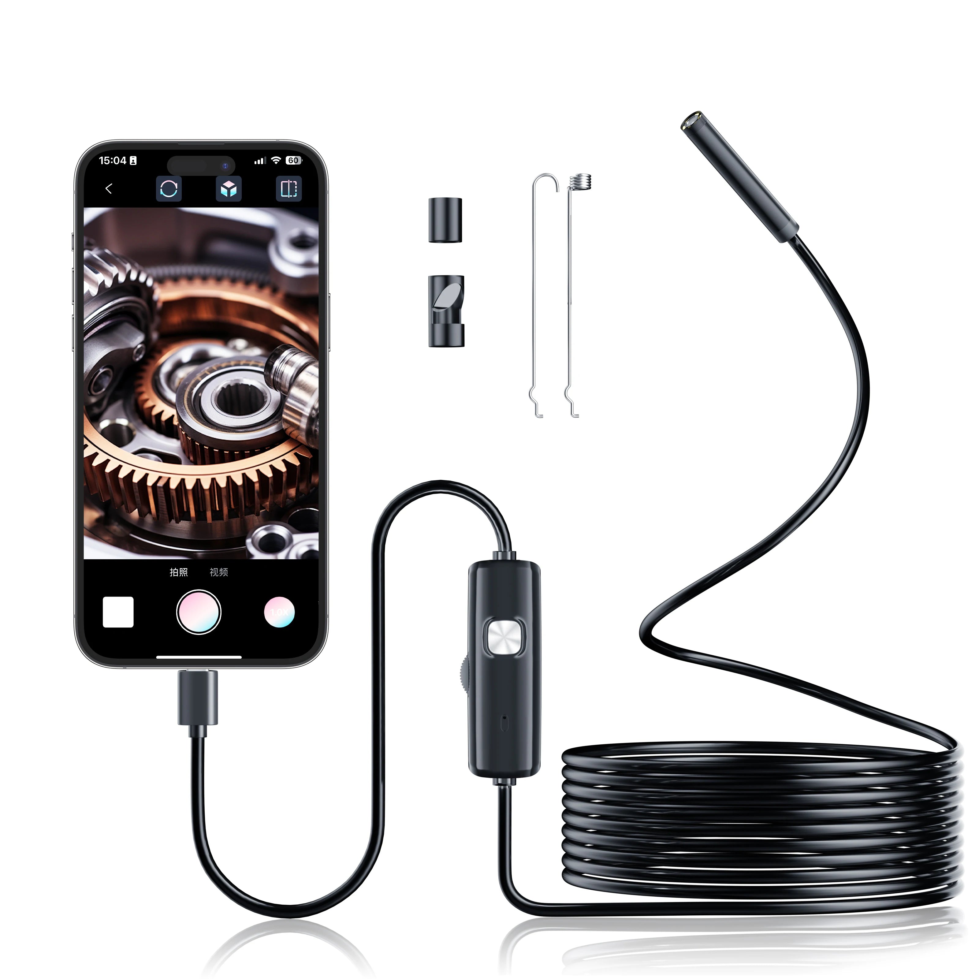 7mm USB-C waterproof inspection camera connected to a phone, showing a live close-up feed with included accessories.