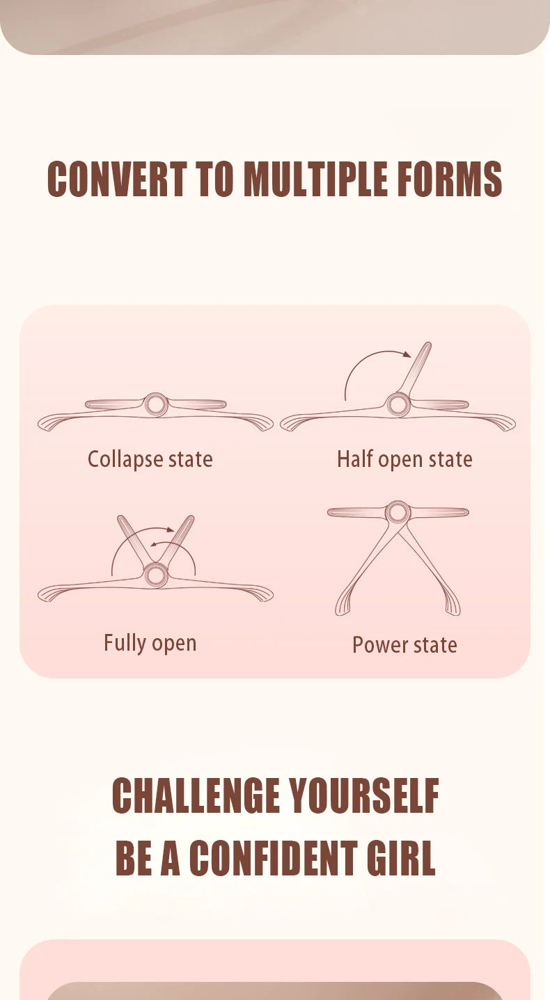 Pink multifunctional arm trainer shown in collapsed, half-open, fully open, and power states.