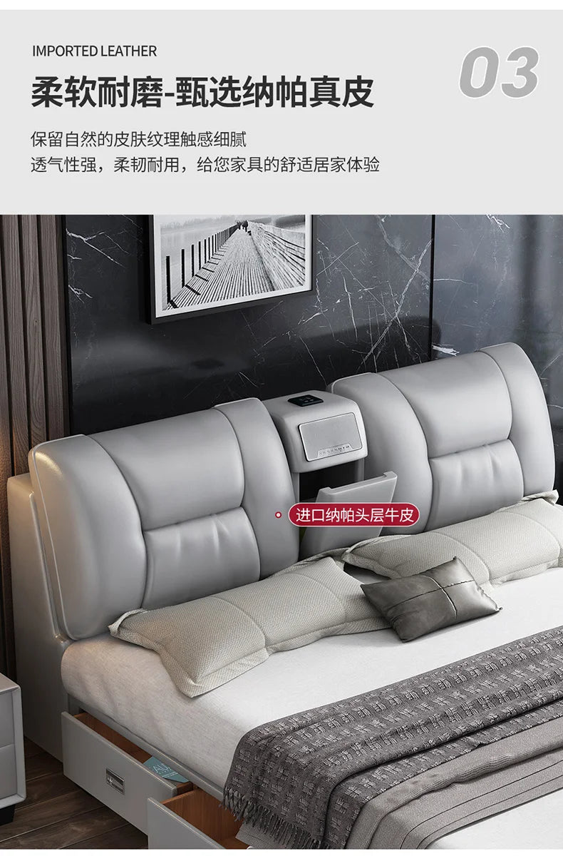 Minimalist light grey leather king-size bed frame featuring a padded headboard with an integrated storage compartment.