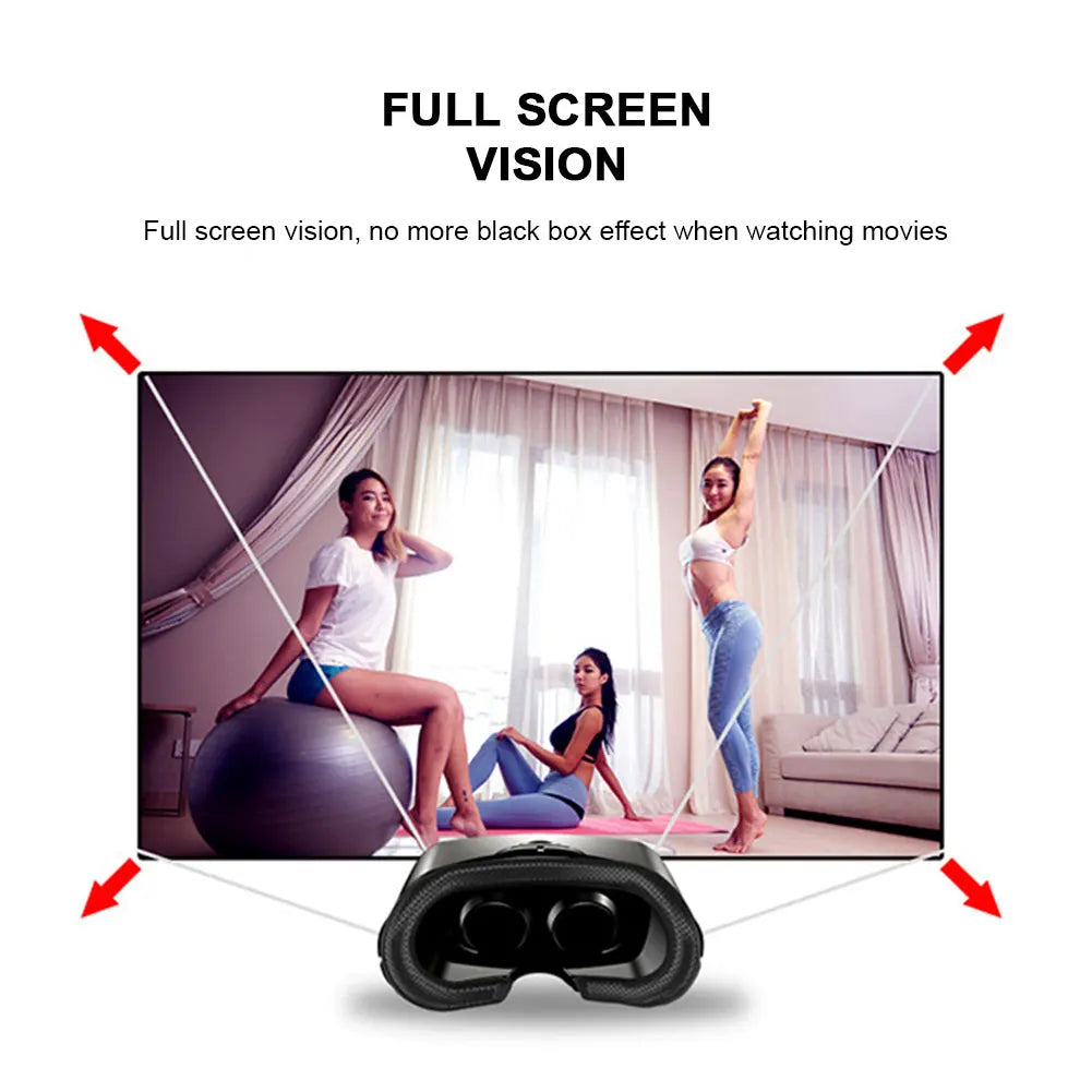 Black VR headset showing full-screen movie projection with no black edges, promoting an immersive viewing experience.