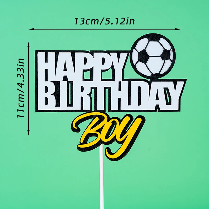 Black, white, and yellow glitter football-themed "Happy Birthday Boy" cake topper on a white stick.