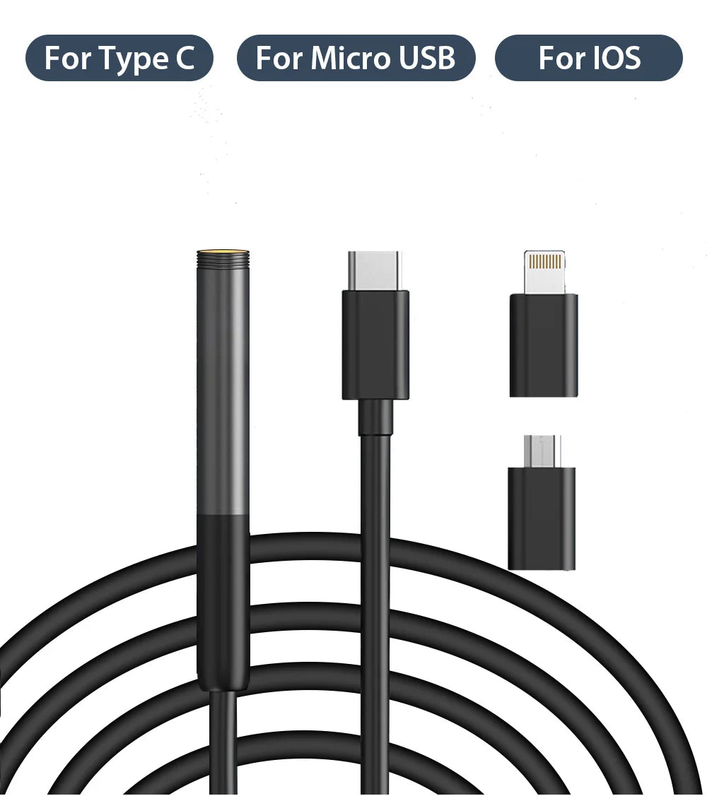 Black industrial inspection camera with a long cable and interchangeable USB-C, Micro-USB, and Lightning connectors.