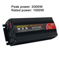 Black 1000W-2000W pure sine wave power inverter with a digital voltage display and AC power outlet.