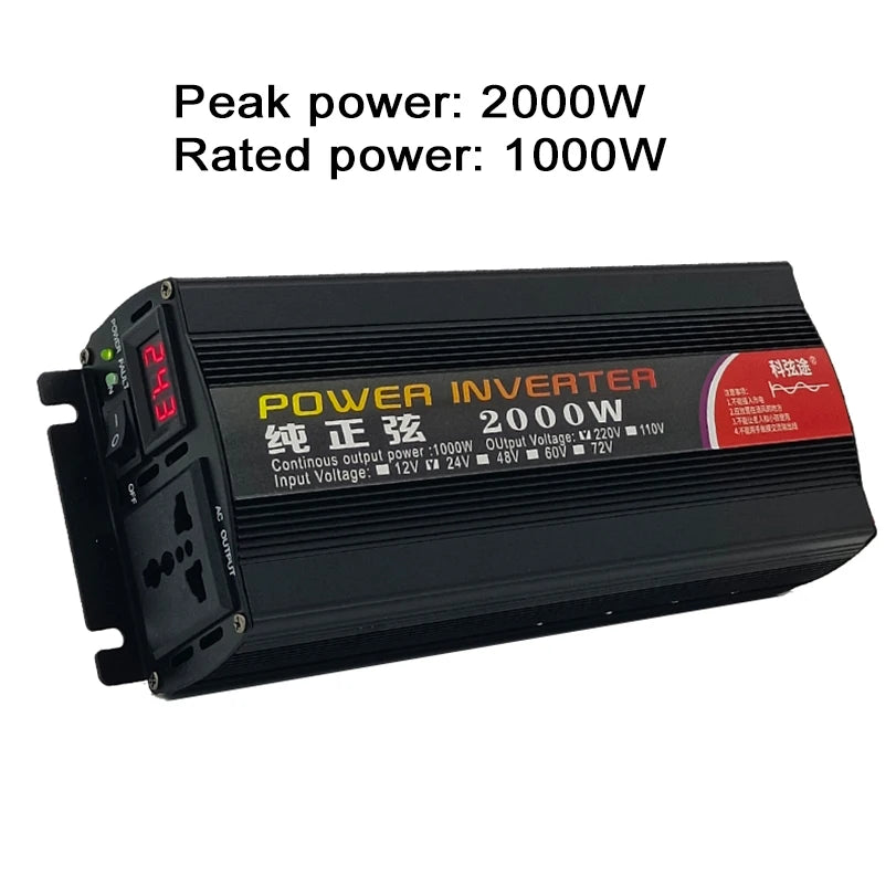 Black 1000W-2000W pure sine wave power inverter with a digital voltage display and AC power outlet.