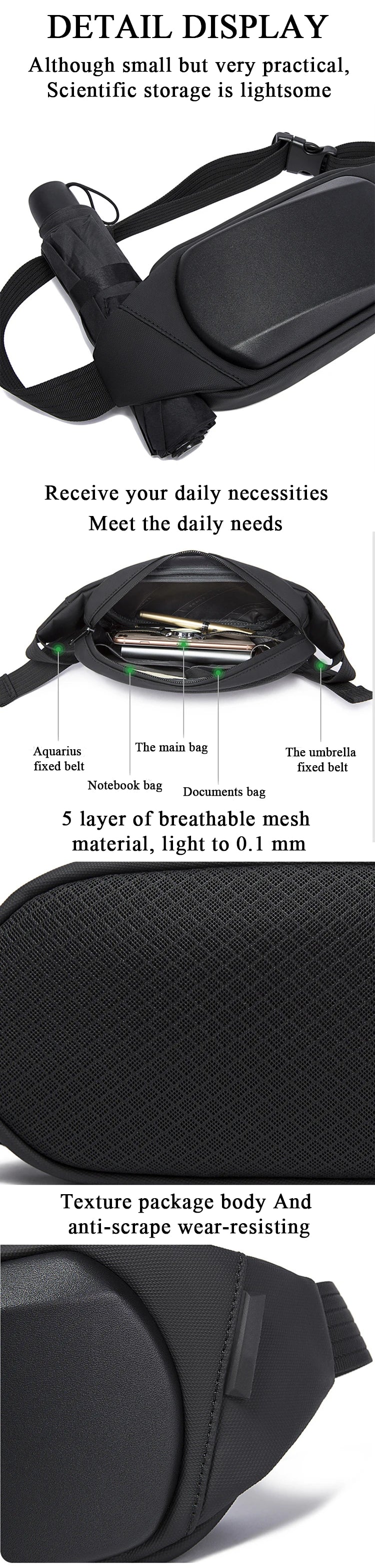 Black, waterproof, anti-theft chest bag featuring an adjustable strap, organised internal compartments and mesh back.